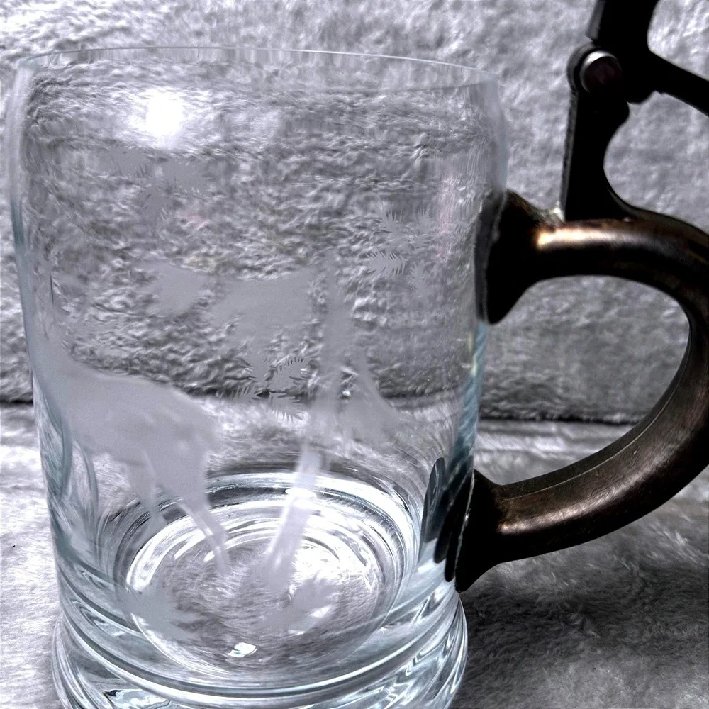 Beer Stein Vintage‎ Etched Glass Pewter Lid Stag Deer Forest Scene German Style